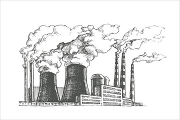 Vector illustration about environmental problems. Hand drawn sketch of a factory with smoking pipes polluting the air.