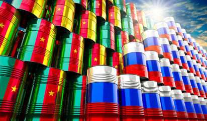 Oil barrels with flags of Russia and Cameroon - 3D illustration