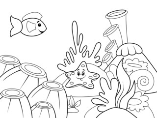 Children coloring, underwater world. Marine nature, animals and fish. Raster illustration for coloring book.