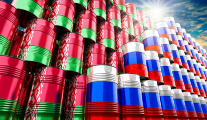 Oil barrels with flags of Russia and Belarus - 3D illustration