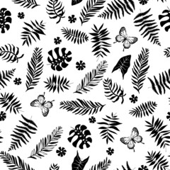 Black tropical leaves, flowers and butterfly on white background