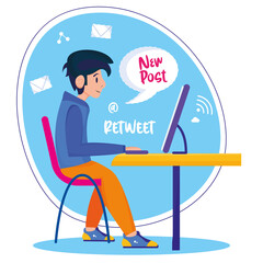 Boy cartoon posting on his computer Social media concept Vector