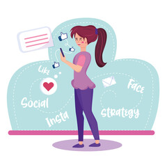 Happy girl with a mobile phone checking posts Social media concept Vector