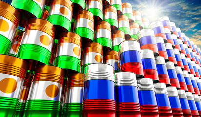 Oil barrels with flags of Russia and Niger - 3D illustration
