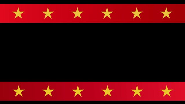 Black background with animated red banners with golden stars moving across them like a newsreel graphic