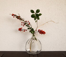 Still life with branches and berries. Japanese art of flower arrangement. Ikebana arrangement.