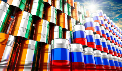 Oil barrels with flags of Russia and Côte d'Ivoire - 3D illustration