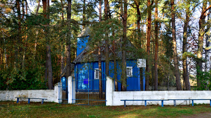 Fototapeta na wymiar Built in the 18th century from wood, the temple, the Orthodox Church of St. Nicholas the Wonderworker in the village of Kozliki in Podlasie, Poland.