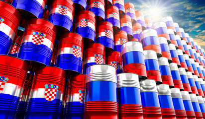 Oil barrels with flags of Russia and Croatia - 3D illustration