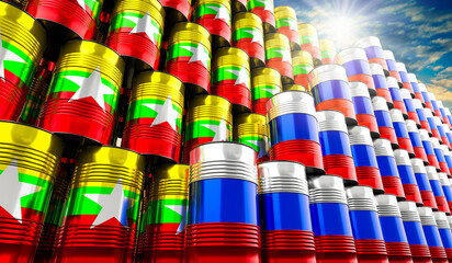 Oil barrels with flags of Russia and Myanmar - 3D illustration