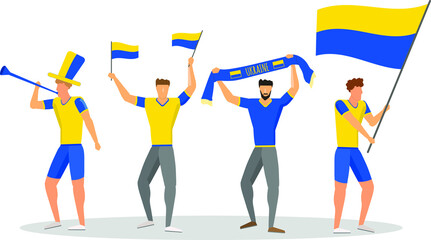 Fans from Ukraine. Cheering people. Vector illustration.