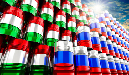 Oil barrels with flags of Russia and Hungary - 3D illustration