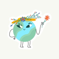 Happy Earth Day sticker! Ecology, recycle, zero waste with save environment vector illustration. Eco badges with girl, nature plant. Design for shopping bag, t-shirt, apparel, clothes, banner