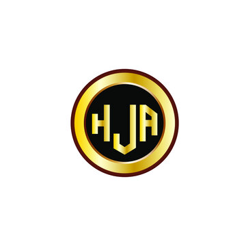HJA letter circle logo design. HJA letter logo design with black background. HJA creative letter logo with gold colors.
