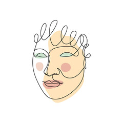 Female face single line drawing and pastel abstract shapes composition. Portrait of young beautiful girl line art.