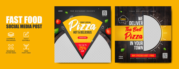 Fast food social media banner post template with abstract background, restaurant logo and business icon. Pizza, burger or hamburger online sale marketing flyer. Food brand digital poster design.