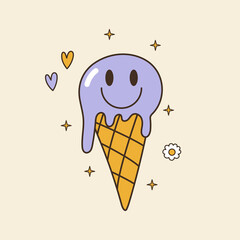 Abstract groovy ice cream cone with face. 70s, 80s, 90s vibes funky food sticker. Retro dessert vector illustration. Vintage nostalgia element for card, poster design and print