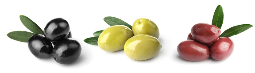 Set of green, black and red ripe olives isolated on white background