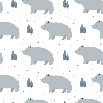 Seamless pattern with big bear and pine tree cartoon on white background