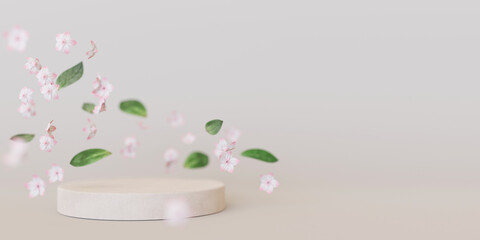 Podium with flying flowers and leaves on cream background. Podium for product, cosmetic presentation. Mock up. Summer or spring mood, blossom. Pedestal, platform for beauty products. 3D rendering.