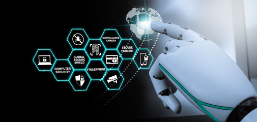 Cyber security data storage concept, a robot point and a touch screen with cloud service symbols. Data security and cyber security Innovative technical approaches to defending against cyber-attacks.