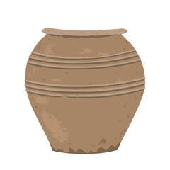 Old clay pot. Antique terracotta pottery, design element for home or patio decor. Vector illustration isolated on white