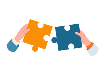 Two hands hold puzzle pieces as a solution to a problem. Solution, unity, partnership concept, teamwork, work and joint project completion in cooperation. Vector
