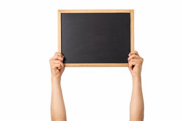 Man holding up small blackboard with white background and copy space.