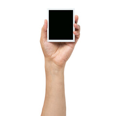 Man holding blank instant photo against a grey background with copy space.