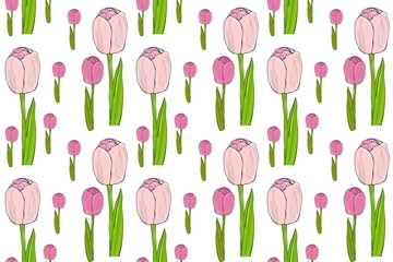 Spring seamless pattern with tulips and garden flowers. Cute Easter in cartoon style, hand painting illustration