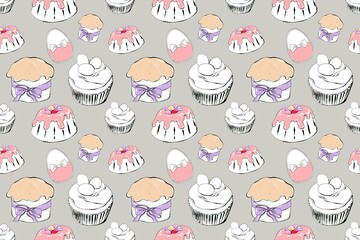 Easter seamless pattern with cute Easter eggs and sweet dessert. Hand painting illustration