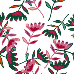 Doodle art floral seamless pattern. Folk flower wallpaper. Cute ditsy print.