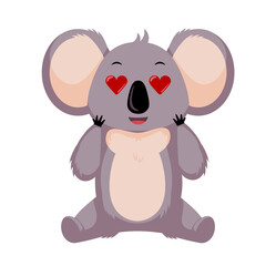 Fall in love koala isolated on white background. Cartoon character with hearts in eyes.