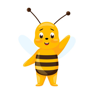 Cute bee waving greeting isolated on white background. Smiling cartoon character happy.