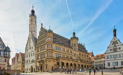 downtown of Rothenburg on Tauber is one of the most famous  medieval cities in Germany with pitouresque half timbered houses