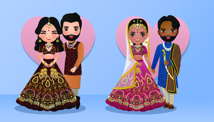Set of Cute couple in traditional indian dress cartoon characters bride and groom.Wedding invitations card.