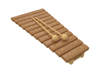 Wooden xylophone with sticks on a white background, 3d render