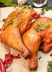 Smoked chicken legs on parchment with spices, close-up. Culinary background for recipes. Cooking food. Food background. Copy space. Table background menu.
