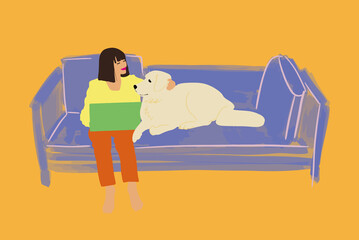 Young woman works on laptop computer while sitting with her white dog on a couch at home. Vector illustration