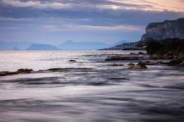 Fototapeta na wymiar Sicilian morning coastal landscape near Mondello, Palermo in spring Italy in Europe at sunrise