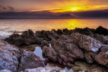 Sunrise at the Coast of Sicily at Capo Gallo, Mondello in spring Italy at the morning sea in Europe