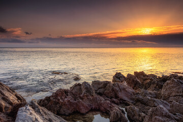 Sunrise at the Coast of Sicily at Capo Gallo, Mondello in spring Italy at the morning sea in Europe