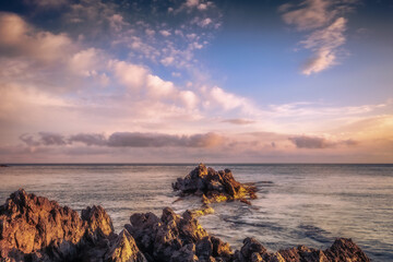Sunrise at the Coast of Sicily at Capo Gallo, Mondello in spring Italy at the morning sea in Europe