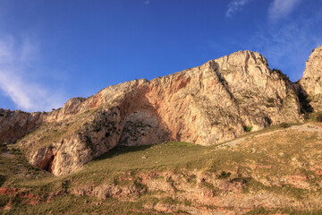 Sicilian Italian Coastal Hill Landscape near Palermo in Europe, on a foggy cloudy spring day