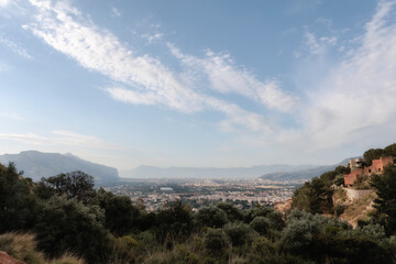 Sicilian Italian Coastal Hill Landscape near Palermo in Europe, on a foggy cloudy spring day