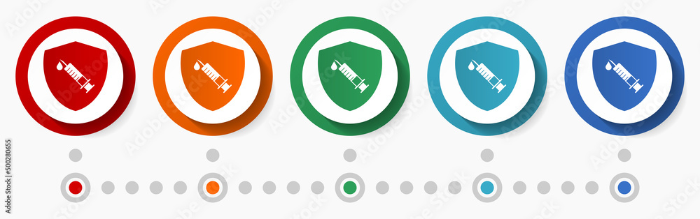 Poster Vaccination concept vector icon set, infographic template, flat design colorful web buttons in 5 color options
