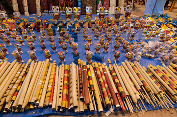 KOLKATA, WEST BENGAL , INDIA - JANUARY 12TH 2014 : Flutes, Artworks of handicraft, on display...