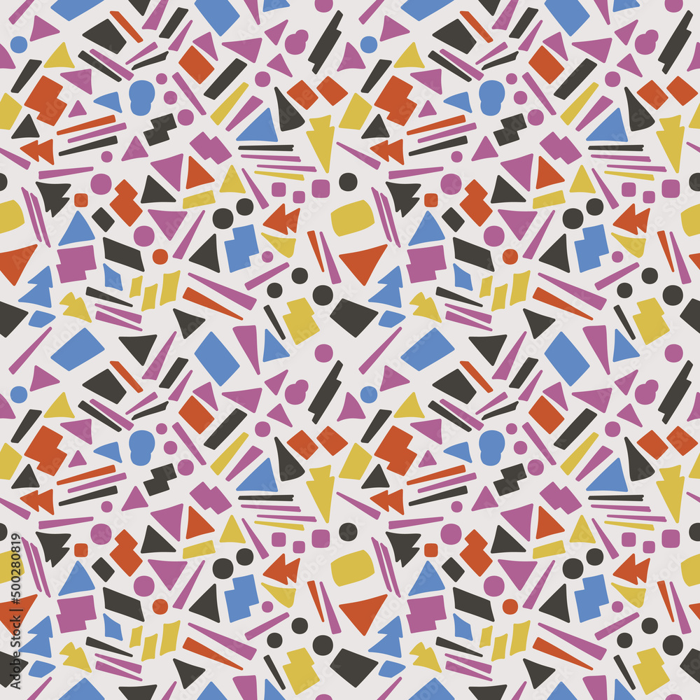 Poster Decor pattern from various geometric colorful shapes and white background. Vector seamless and primitive. Seamless colorful geometric pattern.