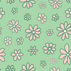 Fototapeta na wymiar Retro floral petal seamless repeat pattern. Random placed, vector hand drawn all over surface print on pastel green background.