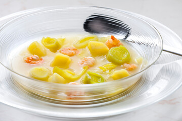 leek soup with potatoes and shrimps